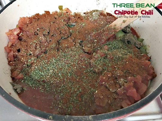 Three Bean Chipotle Chili | Can't Stay Out of the Kitchen | this fabulous #chili is great for #tailgating parties, yet it's healthy, #clean-eating & #glutenfree. Uses three kinds of #beans and lean #groundbeef. #chipotlepeppers in Adobo Sauce makes it sizzle! #soup