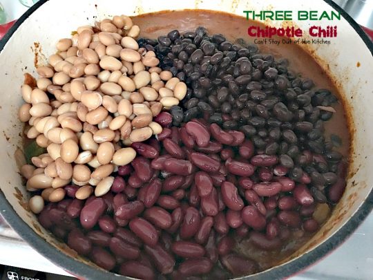 Three Bean Chipotle Chili | Can't Stay Out of the Kitchen | this fabulous #chili is great for #tailgating parties, yet it's healthy, #clean-eating & #glutenfree. Uses three kinds of #beans and lean #groundbeef. #chipotlepeppers in Adobo Sauce makes it sizzle! #soup