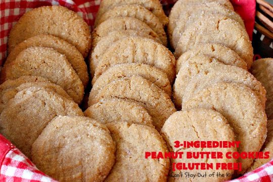 Three-Ingredient Peanut Butter Cookies | Can't Stay Out of the Kitchen | these #glutenfree #peanutbuttercookies are the BEST! These #cookies are so easy to make & they're absolutely scrumptious. Terrific for #tailgating, potlucks, afternoon snacks & kid's parties. #dessert #peanutbutter #peanutbutterdessert #glutenfreedessert