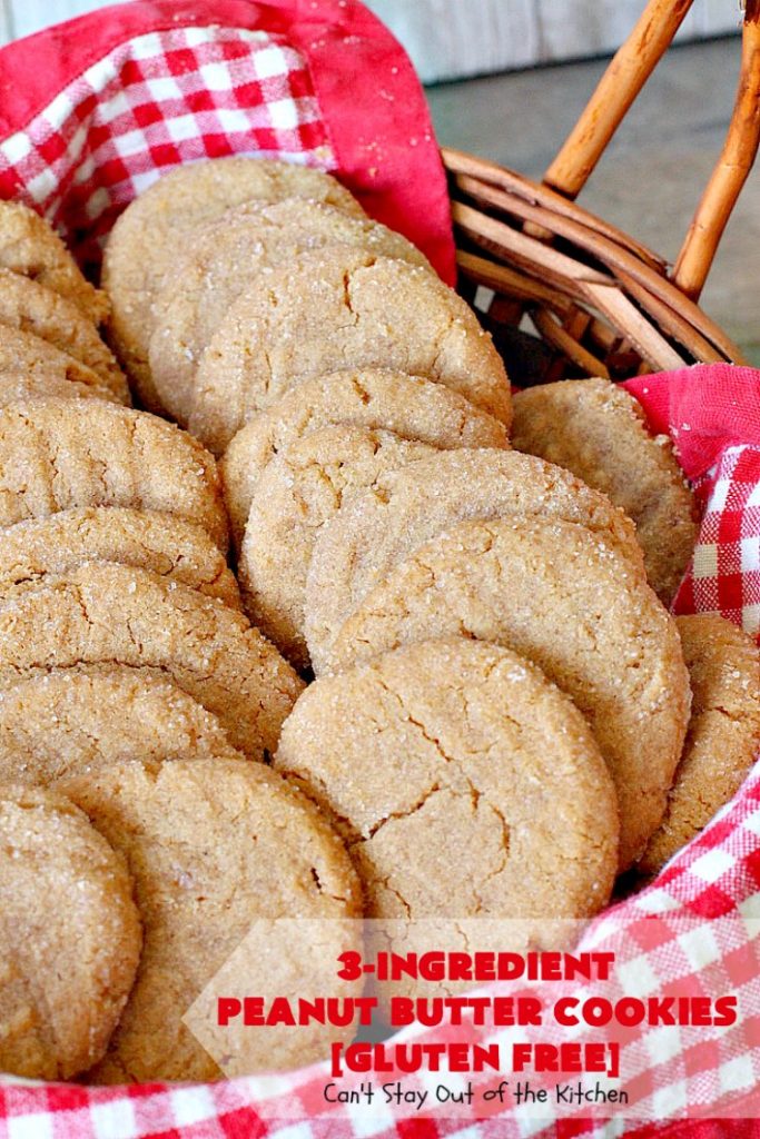 Three-Ingredient Peanut Butter Cookies | Can't Stay Out of the Kitchen | these #glutenfree #peanutbuttercookies are the BEST! These #cookies are so easy to make & they're absolutely scrumptious. Terrific for #tailgating, potlucks, afternoon snacks & kid's parties. #dessert #peanutbutter #peanutbutterdessert #glutenfreedessert