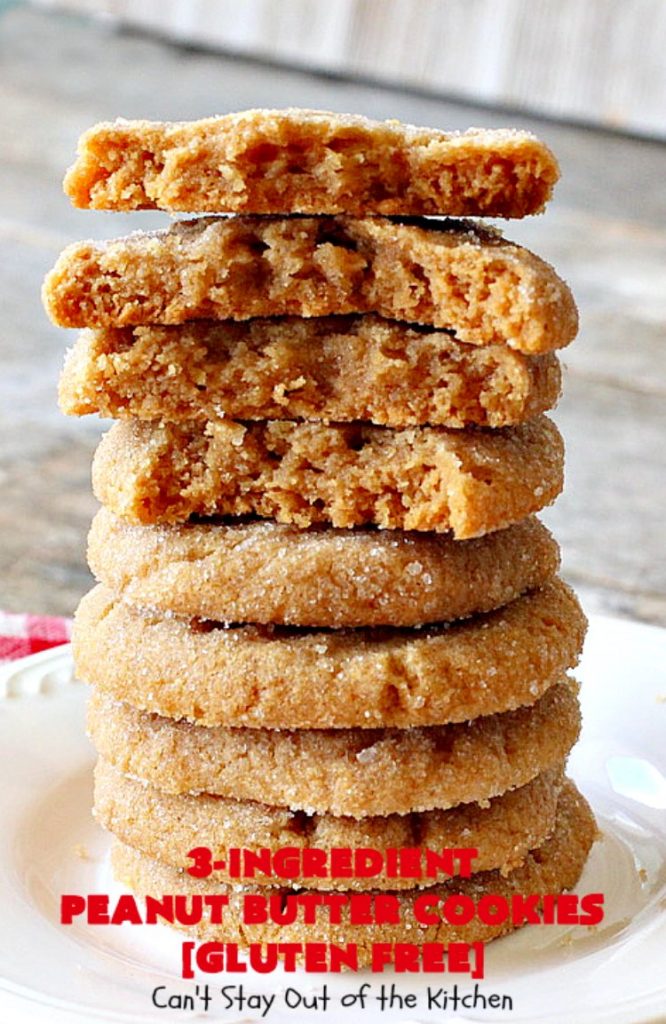 Three-Ingredient Peanut Butter Cookies | Can't Stay Out of the Kitchen | these #glutenfree #peanutbuttercookies are the BEST! These #cookies are so easy to make & they're absolutely scrumptious. Terrific for #tailgating, potlucks, afternoon snacks & kid's parties. #dessert #peanutbutter #peanutbutterdessert #glutenfreedessert