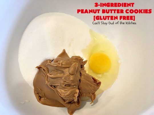Three-Ingredient Peanut Butter Cookies | Can't Stay Out of the Kitchen | these #glutenfree #peanutbuttercookies are the BEST! These #cookies are so easy to make & they're absolutely scrumptious. Terrific for #tailgating, potlucks, afternoon snacks & kid's parties. #dessert #peanutbutter #peanutbutterdessert #glutenfreedessert