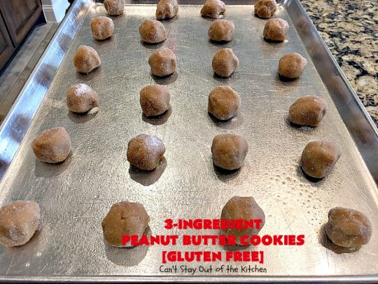 Three-Ingredient Peanut Butter Cookies | Can't Stay Out of the Kitchen | these #glutenfree #peanutbuttercookies are the BEST! These #cookies are so easy to make & they're absolutely scrumptious. Terrific for #tailgating, potlucks, afternoon snacks & kid's parties. #dessert #peanutbutter #peanutbutterdessert #glutenfreedessert