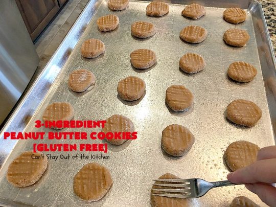 Three-Ingredient Peanut Butter Cookies | Can't Stay Out of the Kitchen | these #glutenfree #peanutbuttercookies are the BEST! These #cookies are so easy to make & they're absolutely scrumptious. Terrific for #tailgating, potlucks, afternoon snacks & kid's parties. #dessert #peanutbutter #peanutbutterdessert #glutenfreedessert