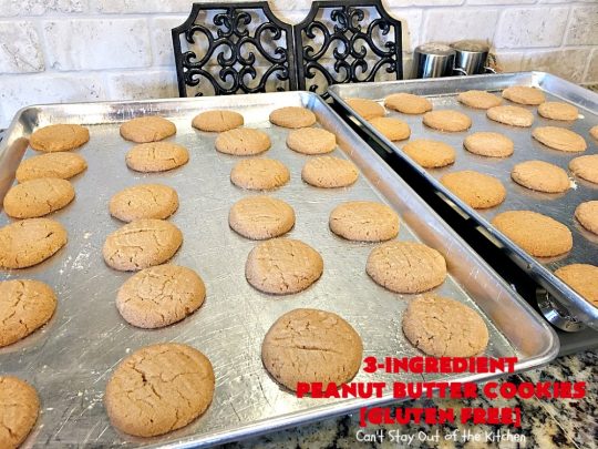 Three-Ingredient Peanut Butter Cookies | Can't Stay Out of the Kitchen | these #glutenfree #peanutbuttercookies are the BEST! These #cookies are so easy to make & they're absolutely scrumptious. Terrific for #tailgating, potlucks, afternoon snacks & kid's parties. #dessert #peanutbutter #peanutbutterdessert #glutenfreedessert