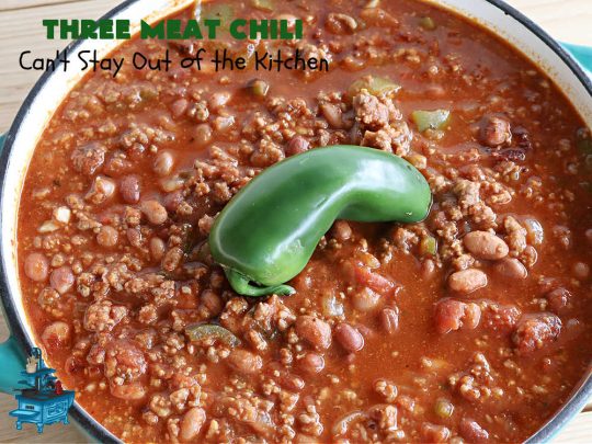Three Meat Chili | Can't Stay Out of the Kitchen | this fantastic #chili #recipe includes #GroundBeef, #ItalianSausage & #GroundTurkey. #JalapenoPeppers & diced #GreenChiles add a little heat. Wonderful for cooler fall temperatures & reheats well. Every bite is sensational. #GlutenFree #RedBeans #PintoBeans #avocados #CheddarCheese #ThreeMeatChili