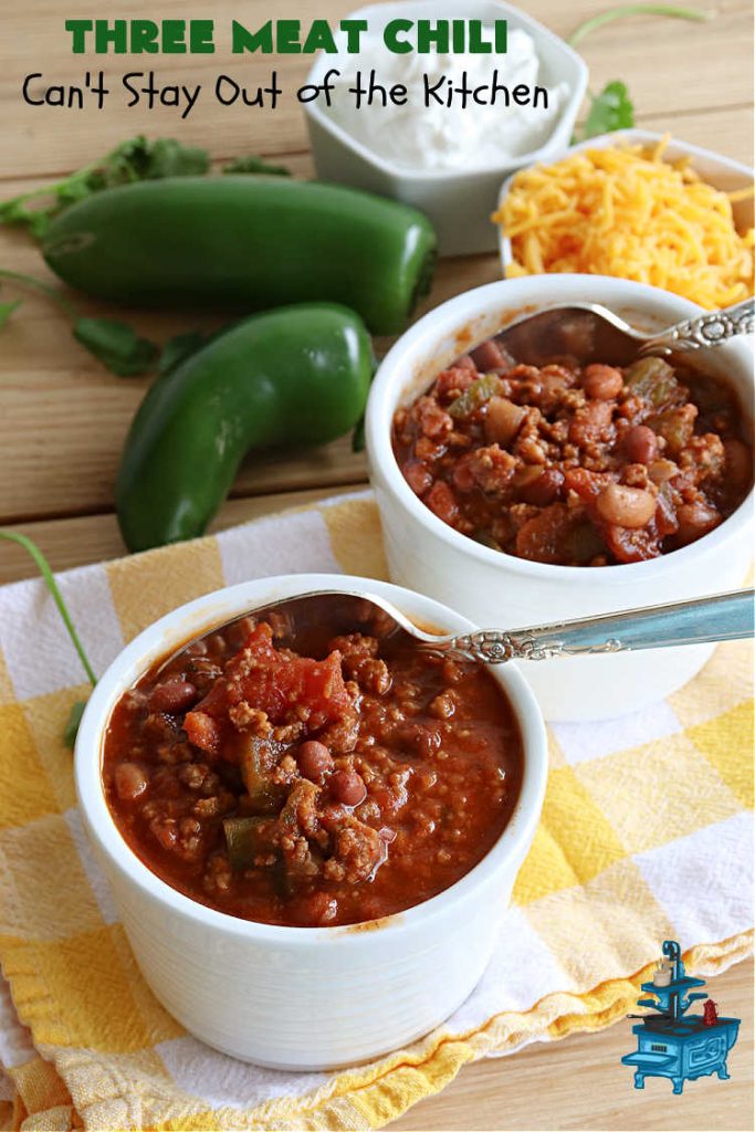 Three Meat Chili | Can't Stay Out of the Kitchen | this fantastic #chili #recipe includes #GroundBeef, #ItalianSausage & #GroundTurkey. #JalapenoPeppers & diced #GreenChiles add a little heat. Wonderful for cooler fall temperatures & reheats well. Every bite is sensational. #GlutenFree #RedBeans #PintoBeans #avocados #CheddarCheese #ThreeMeatChili