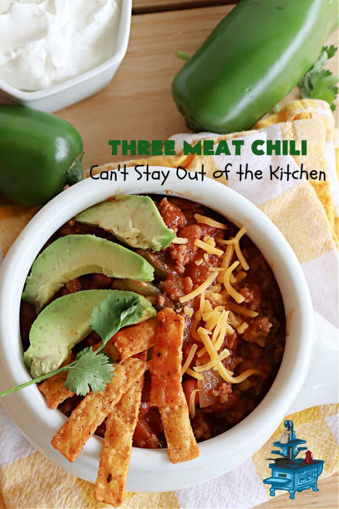Three Meat Chili | Can't Stay Out of the Kitchen | this fantastic #chili #recipe includes #GroundBeef, #ItalianSausage & #GroundTurkey. #JalapenoPeppers & diced #GreenChiles add a little heat. Wonderful for cooler fall temperatures & reheats well. Every bite is sensational. #GlutenFree #RedBeans #PintoBeans #avocados #CheddarCheese #ThreeMeatChili