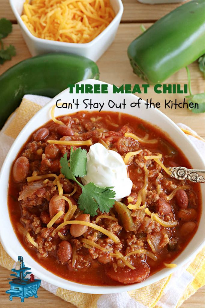 Three Meat Chili | Can't Stay Out of the Kitchen | this fantastic #chili #recipe includes #GroundBeef, #ItalianSausage & #GroundTurkey. #JalapenoPeppers & diced #GreenChiles add a little heat. Wonderful for cooler fall temperatures & reheats well. Every bite is sensational. #GlutenFree #RedBeans #PintoBeans #avocados #CheddarCheese #ThreeMeatChili