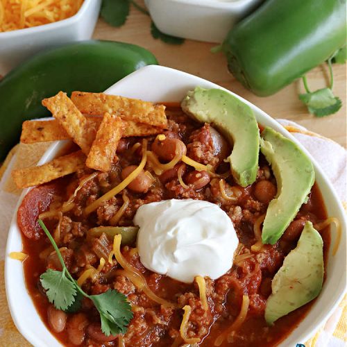 Three Meat Chili | Can't Stay Out of the Kitchen | this fantastic #chili #recipe includes #GroundBeef, #ItalianSausage & #GroundTurkey. #JalapenoPeppers & diced #GreenChiles add a little heat. Wonderful for cooler fall temperatures & reheats well. Every bite is sensational. #GlutenFree #RedBeans #PintoBeans #avocados #CheddarCheese #ThreeMeatChili