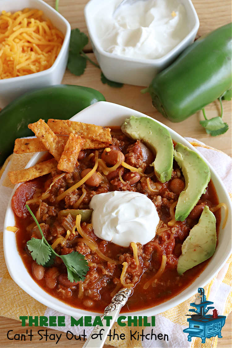 Three Meat Chili | Can't Stay Out of the Kitchen | this fantastic #chili #recipe includes #GroundBeef, #ItalianSausage & #GroundTurkey. #JalapenoPeppers & diced #GreenChiles add a little heat. Wonderful for cooler fall temperatures & reheats well. Every bite is sensational. #GlutenFree #RedBeans #PintoBeans #avocados #CheddarCheese #ThreeMeatChili