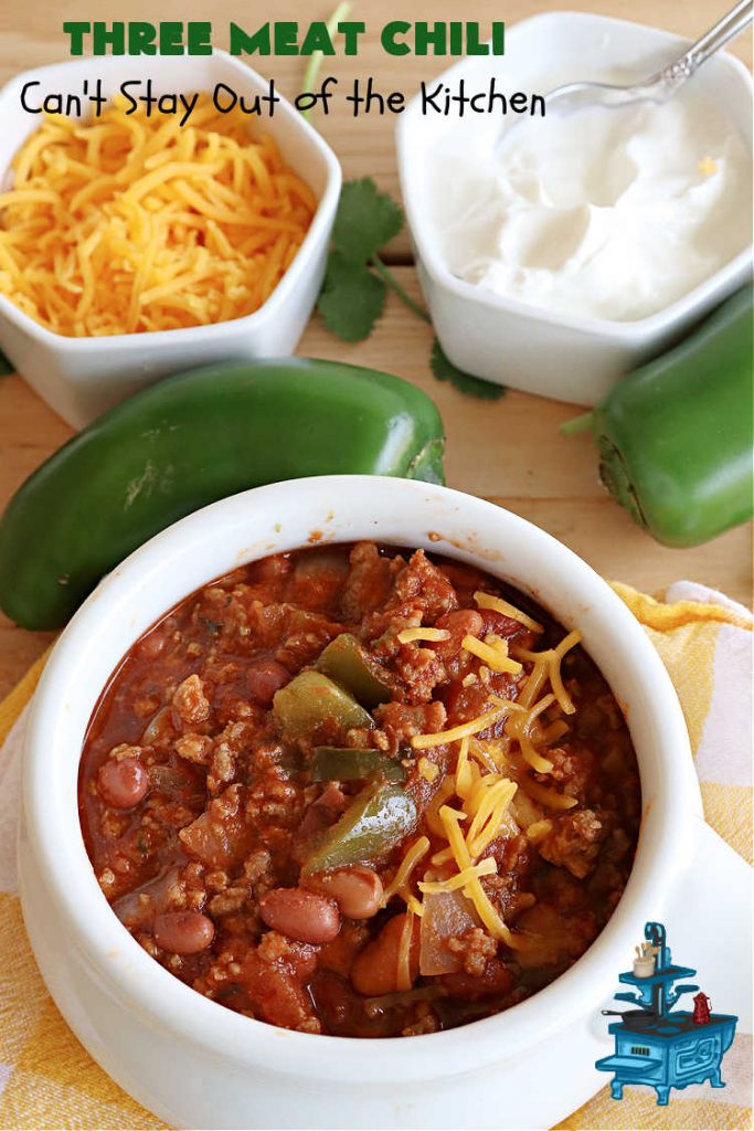 Three Meat Chili | Can't Stay Out of the Kitchen | this fantastic #chili #recipe includes #GroundBeef, #ItalianSausage & #GroundTurkey. #JalapenoPeppers & diced #GreenChiles add a little heat. Wonderful for cooler fall temperatures & reheats well. Every bite is sensational. #GlutenFree #RedBeans #PintoBeans #avocados #CheddarCheese #ThreeMeatChili