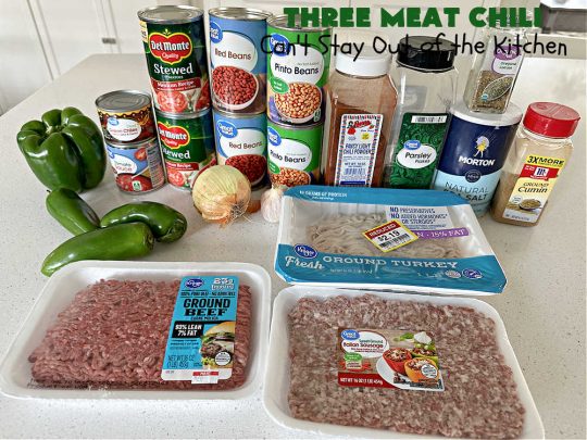 Three Meat Chili | Can't Stay Out of the Kitchen | this fantastic #chili #recipe includes #GroundBeef, #ItalianSausage & #GroundTurkey. #JalapenoPeppers & diced #GreenChiles add a little heat. Wonderful for cooler fall temperatures & reheats well. Every bite is sensational. #GlutenFree #RedBeans #PintoBeans #avocados #CheddarCheese #ThreeMeatChili