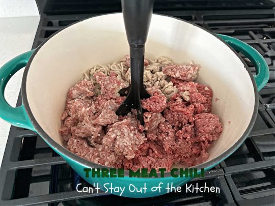 Three Meat Chili | Can't Stay Out of the Kitchen | this fantastic #chili #recipe includes #GroundBeef, #ItalianSausage & #GroundTurkey. #JalapenoPeppers & diced #GreenChiles add a little heat. Wonderful for cooler fall temperatures & reheats well. Every bite is sensational. #GlutenFree #RedBeans #PintoBeans #avocados #CheddarCheese #ThreeMeatChili