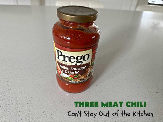 Three Meat Chili | Can't Stay Out of the Kitchen | this fantastic #chili #recipe includes #GroundBeef, #ItalianSausage & #GroundTurkey. #JalapenoPeppers & diced #GreenChiles add a little heat. Wonderful for cooler fall temperatures & reheats well. Every bite is sensational. #GlutenFree #RedBeans #PintoBeans #avocados #CheddarCheese #ThreeMeatChili