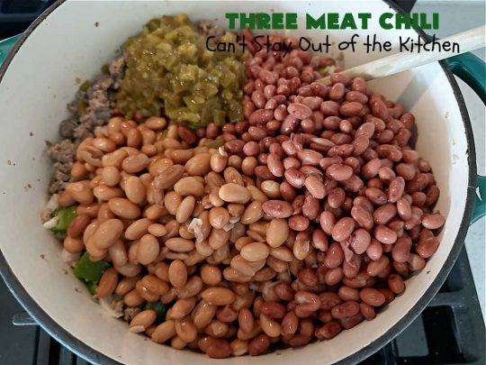 Three Meat Chili | Can't Stay Out of the Kitchen | this fantastic #chili #recipe includes #GroundBeef, #ItalianSausage & #GroundTurkey. #JalapenoPeppers & diced #GreenChiles add a little heat. Wonderful for cooler fall temperatures & reheats well. Every bite is sensational. #GlutenFree #RedBeans #PintoBeans #avocados #CheddarCheese #ThreeMeatChili