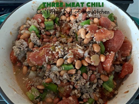 Three Meat Chili | Can't Stay Out of the Kitchen | this fantastic #chili #recipe includes #GroundBeef, #ItalianSausage & #GroundTurkey. #JalapenoPeppers & diced #GreenChiles add a little heat. Wonderful for cooler fall temperatures & reheats well. Every bite is sensational. #GlutenFree #RedBeans #PintoBeans #avocados #CheddarCheese #ThreeMeatChili