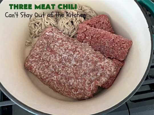 Three Meat Chili | Can't Stay Out of the Kitchen | this fantastic #chili #recipe includes #GroundBeef, #ItalianSausage & #GroundTurkey. #JalapenoPeppers & diced #GreenChiles add a little heat. Wonderful for cooler fall temperatures & reheats well. Every bite is sensational. #GlutenFree #RedBeans #PintoBeans #avocados #CheddarCheese #ThreeMeatChili