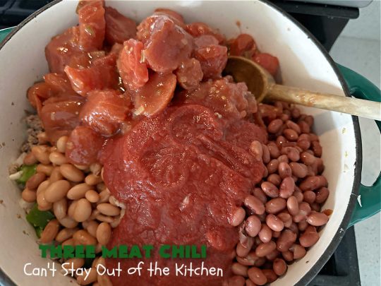 Three Meat Chili | Can't Stay Out of the Kitchen | this fantastic #chili #recipe includes #GroundBeef, #ItalianSausage & #GroundTurkey. #JalapenoPeppers & diced #GreenChiles add a little heat. Wonderful for cooler fall temperatures & reheats well. Every bite is sensational. #GlutenFree #RedBeans #PintoBeans #avocados #CheddarCheese #ThreeMeatChili