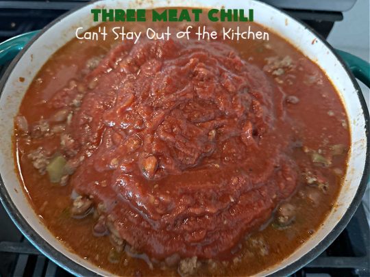 Three Meat Chili | Can't Stay Out of the Kitchen | this fantastic #chili #recipe includes #GroundBeef, #ItalianSausage & #GroundTurkey. #JalapenoPeppers & diced #GreenChiles add a little heat. Wonderful for cooler fall temperatures & reheats well. Every bite is sensational. #GlutenFree #RedBeans #PintoBeans #avocados #CheddarCheese #ThreeMeatChili