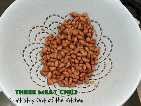 Three Meat Chili | Can't Stay Out of the Kitchen | this fantastic #chili #recipe includes #GroundBeef, #ItalianSausage & #GroundTurkey. #JalapenoPeppers & diced #GreenChiles add a little heat. Wonderful for cooler fall temperatures & reheats well. Every bite is sensational. #GlutenFree #RedBeans #PintoBeans #avocados #CheddarCheese #ThreeMeatChili