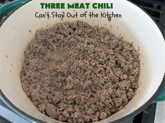Three Meat Chili | Can't Stay Out of the Kitchen | this fantastic #chili #recipe includes #GroundBeef, #ItalianSausage & #GroundTurkey. #JalapenoPeppers & diced #GreenChiles add a little heat. Wonderful for cooler fall temperatures & reheats well. Every bite is sensational. #GlutenFree #RedBeans #PintoBeans #avocados #CheddarCheese #ThreeMeatChili