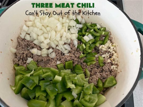 Three Meat Chili | Can't Stay Out of the Kitchen | this fantastic #chili #recipe includes #GroundBeef, #ItalianSausage & #GroundTurkey. #JalapenoPeppers & diced #GreenChiles add a little heat. Wonderful for cooler fall temperatures & reheats well. Every bite is sensational. #GlutenFree #RedBeans #PintoBeans #avocados #CheddarCheese #ThreeMeatChili