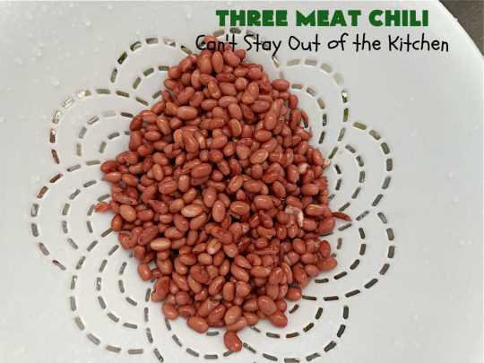 Three Meat Chili | Can't Stay Out of the Kitchen | this fantastic #chili #recipe includes #GroundBeef, #ItalianSausage & #GroundTurkey. #JalapenoPeppers & diced #GreenChiles add a little heat. Wonderful for cooler fall temperatures & reheats well. Every bite is sensational. #GlutenFree #RedBeans #PintoBeans #avocados #CheddarCheese #ThreeMeatChili