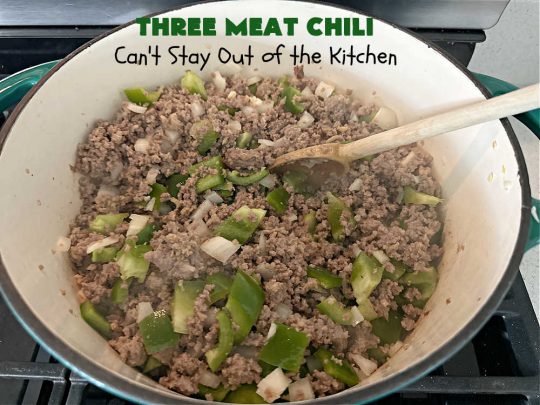 Three Meat Chili | Can't Stay Out of the Kitchen | this fantastic #chili #recipe includes #GroundBeef, #ItalianSausage & #GroundTurkey. #JalapenoPeppers & diced #GreenChiles add a little heat. Wonderful for cooler fall temperatures & reheats well. Every bite is sensational. #GlutenFree #RedBeans #PintoBeans #avocados #CheddarCheese #ThreeMeatChili