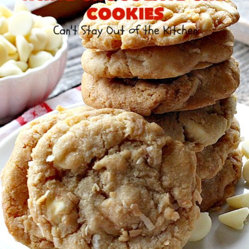 Toasted Coconut White Chocolate Chip Cookies | Can't Stay Out of the Kitchen | these delicious #cookies are terrific any time you need a #dessert for #tailgating parties, potlucks or backyard #BBQs. Even kids love these heavenly cookies. #coconut #chocolate
