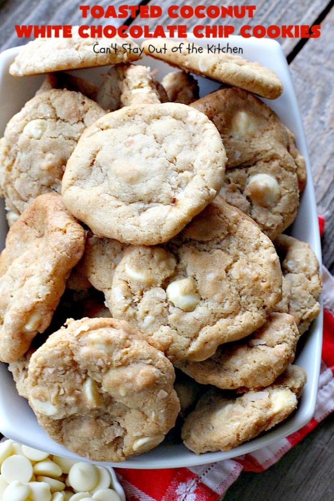 Toasted Coconut White Chocolate Chip Cookies | Can't Stay Out of the Kitchen | these delicious #cookies are terrific any time you need a #dessert for #tailgating parties, potlucks or backyard #BBQs. Even kids love these heavenly cookies. #coconut #chocolate