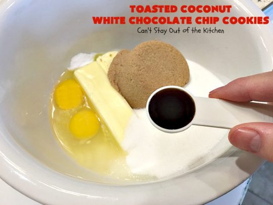 Toasted Coconut White Chocolate Chip Cookies | Can't Stay Out of the Kitchen | these delicious #cookies are terrific any time you need a #dessert for #tailgating parties, potlucks or backyard #BBQs. Even kids love these heavenly cookies. #coconut #chocolate