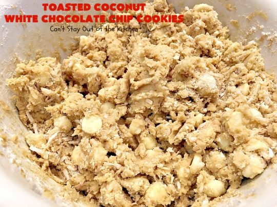 Toasted Coconut White Chocolate Chip Cookies | Can't Stay Out of the Kitchen | these delicious #cookies are terrific any time you need a #dessert for #tailgating parties, potlucks or backyard #BBQs. Even kids love these heavenly cookies. #coconut #chocolate