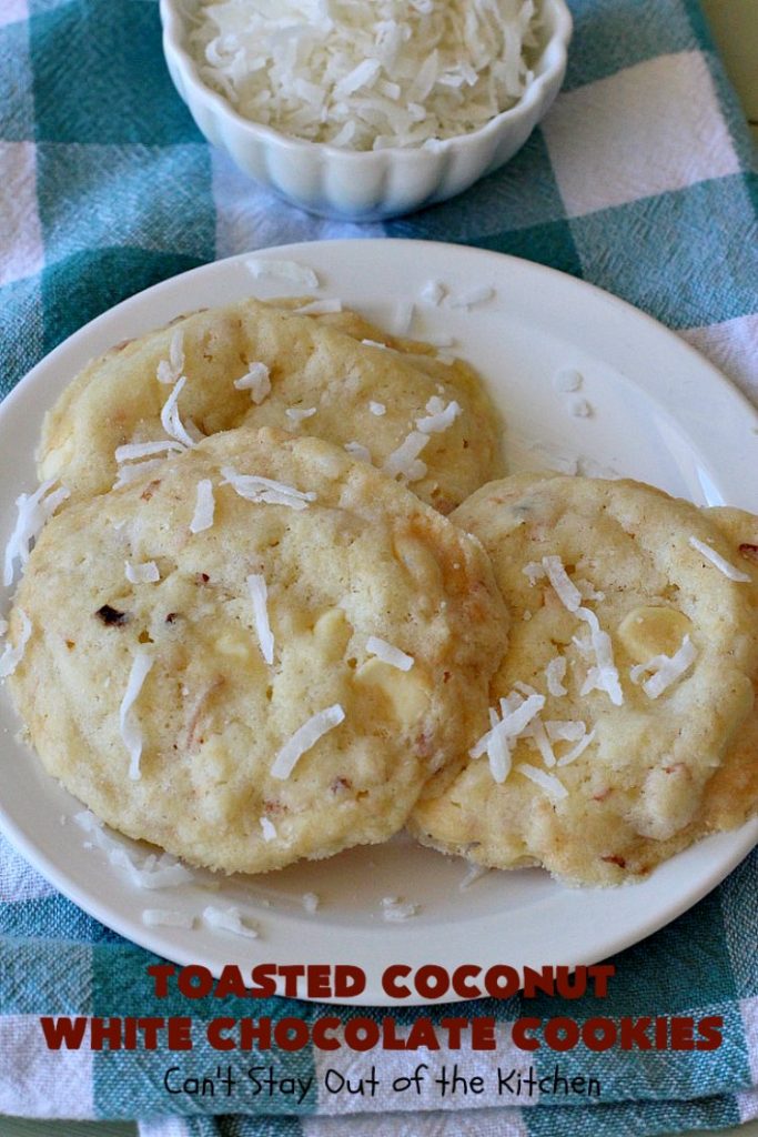 Toasted Coconut White Chocolate Cookies | Can't Stay Out of the Kitchen | these amazing #cookies use only 5 ingredients & start with a #CakeMix. They're perfect for #holiday #baking & a #ChristmasCookieExchange. If you need a quick & easy #dessert for the #Holidays, this is it! #coconut #chocolate #WhiteChocolateChips #ToastedCoconutWhiteChocolateCookies