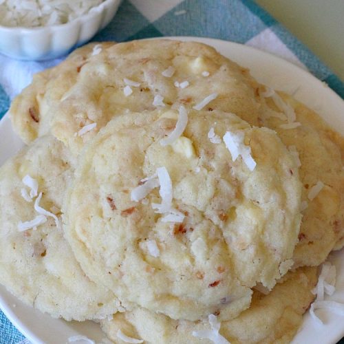 Toasted Coconut White Chocolate Cookies | Can't Stay Out of the Kitchen | these amazing #cookies use only 5 ingredients & start with a #CakeMix. They're perfect for #holiday #baking & a #ChristmasCookieExchange. If you need a quick & easy #dessert for the #Holidays, this is it! #coconut #chocolate #WhiteChocolateChips #ToastedCoconutWhiteChocolateCookies