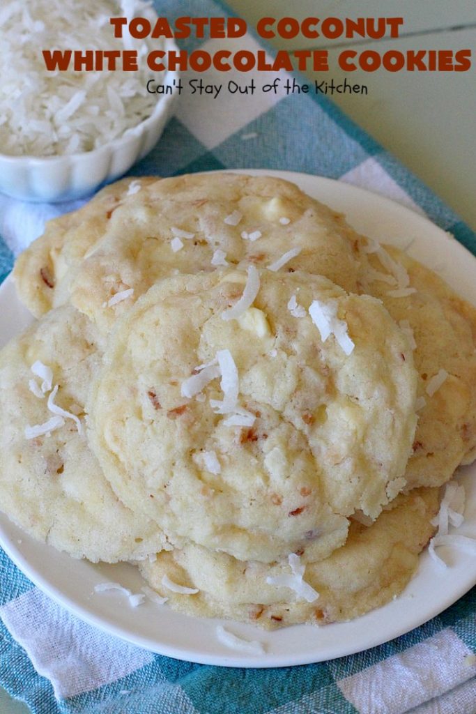 Toasted Coconut White Chocolate Cookies | Can't Stay Out of the Kitchen | these amazing #cookies use only 5 ingredients & start with a #CakeMix. They're perfect for #holiday #baking & a #ChristmasCookieExchange. If you need a quick & easy #dessert for the #Holidays, this is it! #coconut #chocolate #WhiteChocolateChips #ToastedCoconutWhiteChocolateCookies