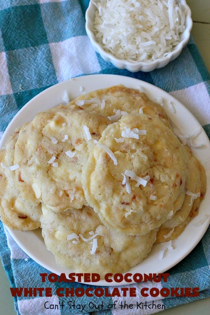 Toasted Coconut White Chocolate Cookies | Can't Stay Out of the Kitchen | these amazing #cookies use only 5 ingredients & start with a #CakeMix. They're perfect for #holiday #baking & a #ChristmasCookieExchange. If you need a quick & easy #dessert for the #Holidays, this is it! #coconut #chocolate #WhiteChocolateChips #ToastedCoconutWhiteChocolateCookies