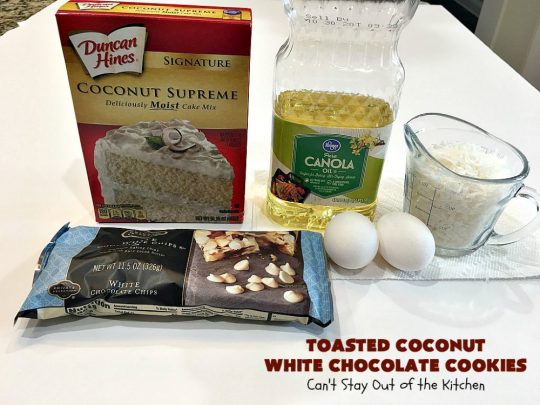 Toasted Coconut White Chocolate Cookies | Can't Stay Out of the Kitchen | these amazing #cookies use only 5 ingredients & start with a #CakeMix. They're perfect for #holiday #baking & a #ChristmasCookieExchange. If you need a quick & easy #dessert for the #Holidays, this is it! #coconut #chocolate #WhiteChocolateChips #ToastedCoconutWhiteChocolateCookies