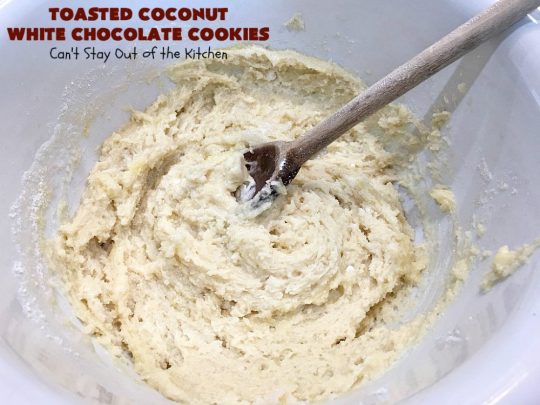 Toasted Coconut White Chocolate Cookies | Can't Stay Out of the Kitchen | these amazing #cookies use only 5 ingredients & start with a #CakeMix. They're perfect for #holiday #baking & a #ChristmasCookieExchange. If you need a quick & easy #dessert for the #Holidays, this is it! #coconut #chocolate #WhiteChocolateChips #ToastedCoconutWhiteChocolateCookies
