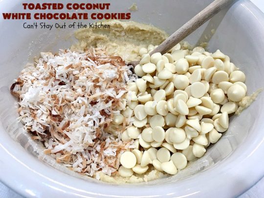 Toasted Coconut White Chocolate Cookies | Can't Stay Out of the Kitchen | these amazing #cookies use only 5 ingredients & start with a #CakeMix. They're perfect for #holiday #baking & a #ChristmasCookieExchange. If you need a quick & easy #dessert for the #Holidays, this is it! #coconut #chocolate #WhiteChocolateChips #ToastedCoconutWhiteChocolateCookies