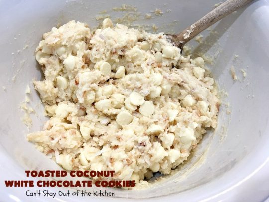 Toasted Coconut White Chocolate Cookies | Can't Stay Out of the Kitchen | these amazing #cookies use only 5 ingredients & start with a #CakeMix. They're perfect for #holiday #baking & a #ChristmasCookieExchange. If you need a quick & easy #dessert for the #Holidays, this is it! #coconut #chocolate #WhiteChocolateChips #ToastedCoconutWhiteChocolateCookies