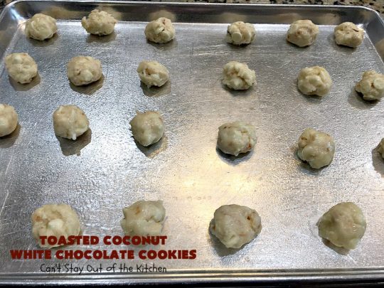 Toasted Coconut White Chocolate Cookies | Can't Stay Out of the Kitchen | these amazing #cookies use only 5 ingredients & start with a #CakeMix. They're perfect for #holiday #baking & a #ChristmasCookieExchange. If you need a quick & easy #dessert for the #Holidays, this is it! #coconut #chocolate #WhiteChocolateChips #ToastedCoconutWhiteChocolateCookies