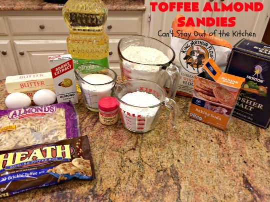 Toffee Almond Sandies | Can't Stay Out of the Kitchen | these irresistible #cookies are filled with #almonds & #HeathEnglishToffeeBits. They are absolutely mouthwatering & delightful for #holiday parties, #tailgating or #ChristmasCookieExchanges. Everyone raves over this amazing #dessert. #toffee #ToffeeAlmondSandies #ToffeeDessert #baking
