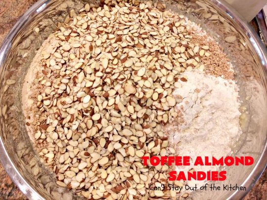 Toffee Almond Sandies | Can't Stay Out of the Kitchen | these irresistible #cookies are filled with #almonds & #HeathEnglishToffeeBits. They are absolutely mouthwatering & delightful for #holiday parties, #tailgating or #ChristmasCookieExchanges. Everyone raves over this amazing #dessert. #toffee #ToffeeAlmondSandies #ToffeeDessert #baking