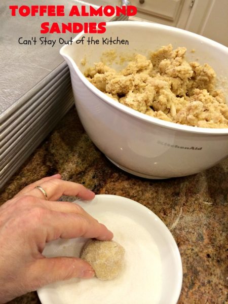 Toffee Almond Sandies | Can't Stay Out of the Kitchen | these irresistible #cookies are filled with #almonds & #HeathEnglishToffeeBits. They are absolutely mouthwatering & delightful for #holiday parties, #tailgating or #ChristmasCookieExchanges. Everyone raves over this amazing #dessert. #toffee #ToffeeAlmondSandies #ToffeeDessert #baking
