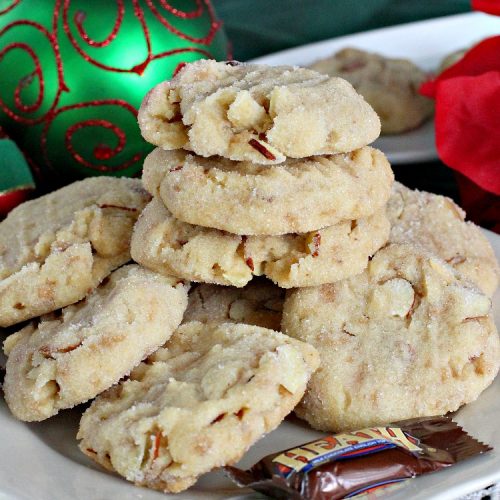 Toffee Almond Sandies | Can't Stay Out of the Kitchen | these irresistible #cookies are filled with #almonds & #HeathEnglishToffeeBits. They are absolutely mouthwatering & delightful for #holiday parties, #tailgating or #ChristmasCookieExchanges. Everyone raves over this amazing #dessert. #toffee #ToffeeAlmondSandies #ToffeeDessert #baking