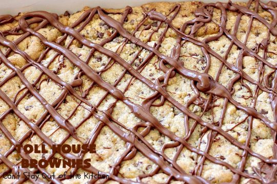 Toll House Brownies | Can't Stay Out of the Kitchen | this scrumptious #dessert takes the best of #TollHouse #cookies & puts them in #brownie form. Then a #chocolate icing is drizzled over top. Absolutely mouthwatering. #tailgating
