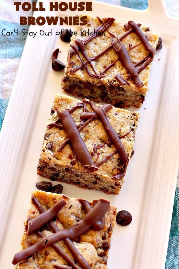 Toll House Brownies | Can't Stay Out of the Kitchen | this scrumptious #dessert takes the best of #TollHouse #cookies & puts them in #brownie form. Then a #chocolate icing is drizzled over top. Absolutely mouthwatering. #tailgating