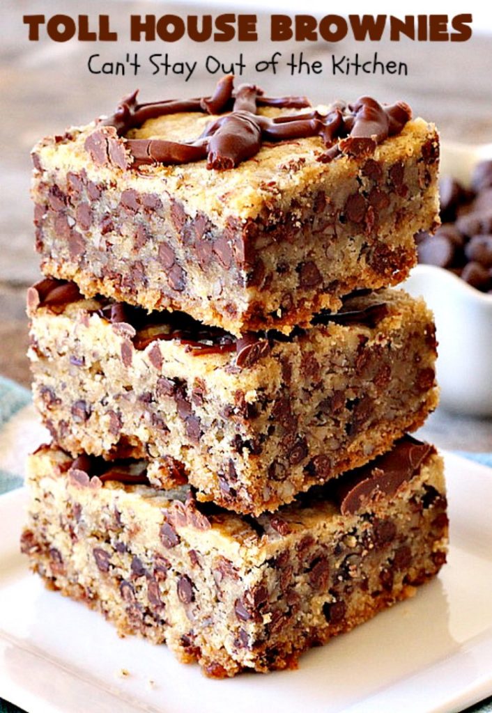 Toll House Brownies | Can't Stay Out of the Kitchen | this scrumptious #dessert takes the best of #TollHouse #cookies & puts them in #brownie form. Then a #chocolate icing is drizzled over top. Absolutely mouthwatering. #tailgating