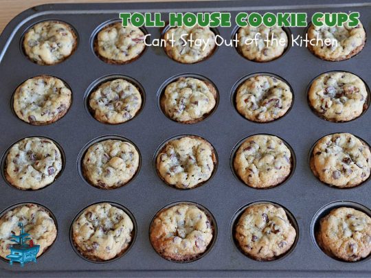 Toll House Cookie Cups | Can't Stay Out of the Kitchen | these dreamy #cookies have that great #TollHouse flavor & they're filled with miniature #ChocolateChips so they're loaded with #chocolate. Terrific for a #ChristmasCookieExchange, #holiday parties, potlucks & #tailgating. #dessert #TollHouseDessert #TollHouseCookieCups